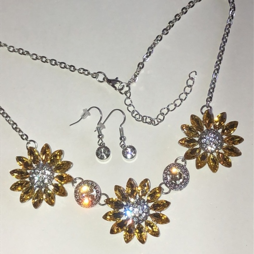Sunflower Yellow Crystal Silver Tone Necklace and Earring Set
